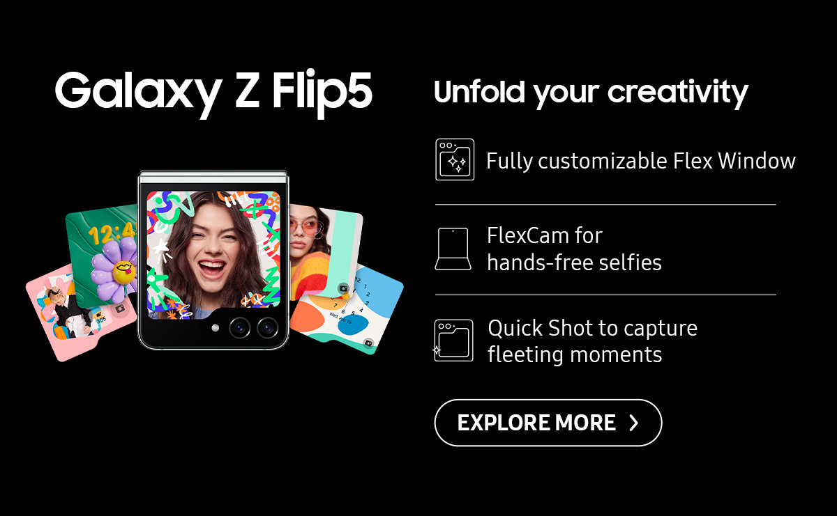 Galaxy Z Flip5. Unlock your creativity. Click here to explore more!